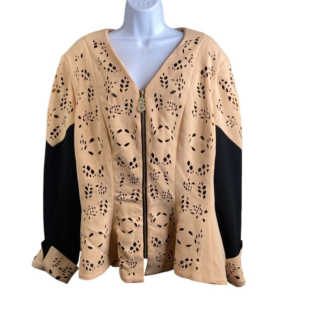 G.M.I‎ Woman Full Zip Brown Black Eyelet Long Sleeve Maximalist Flowy Size 16W